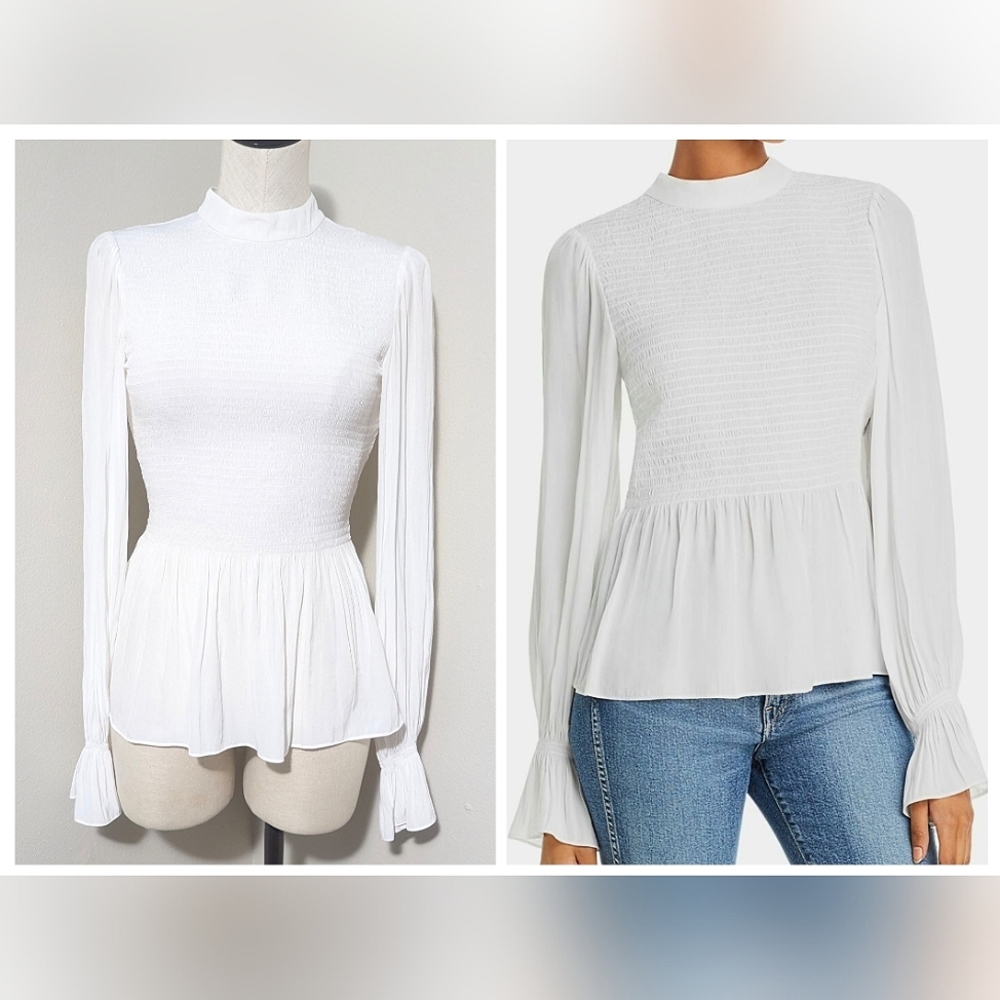 Ramy Brook Justine Peplum Mock Neck Smocked Long Sleeve Ruffle Blouse Small